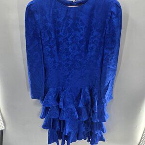 Vintage S.T.G Blue Silk Blend Lining Layered 80s Long Sleeved Midi Dress Size 6
